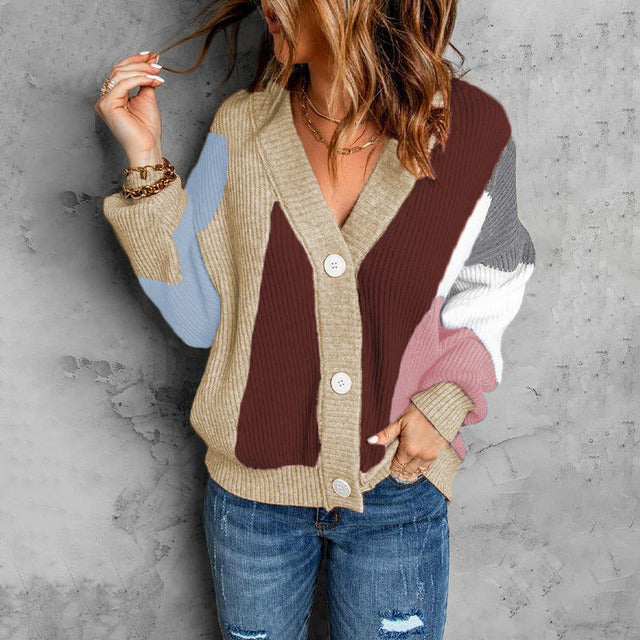 Strickcardigan mit Farbblock-Design | V-Ausschnitt | Moderner Eyecatcher