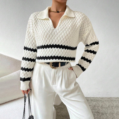 Strickpullover mit Kragen | Strukturmuster | Gestreifter Look