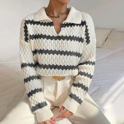 Strickpullover mit Kragen | Strukturmuster | Gestreifter Look