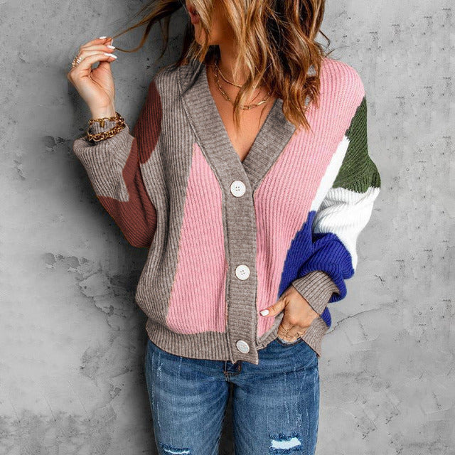 Strickcardigan mit Farbblock-Design | V-Ausschnitt | Moderner Eyecatcher