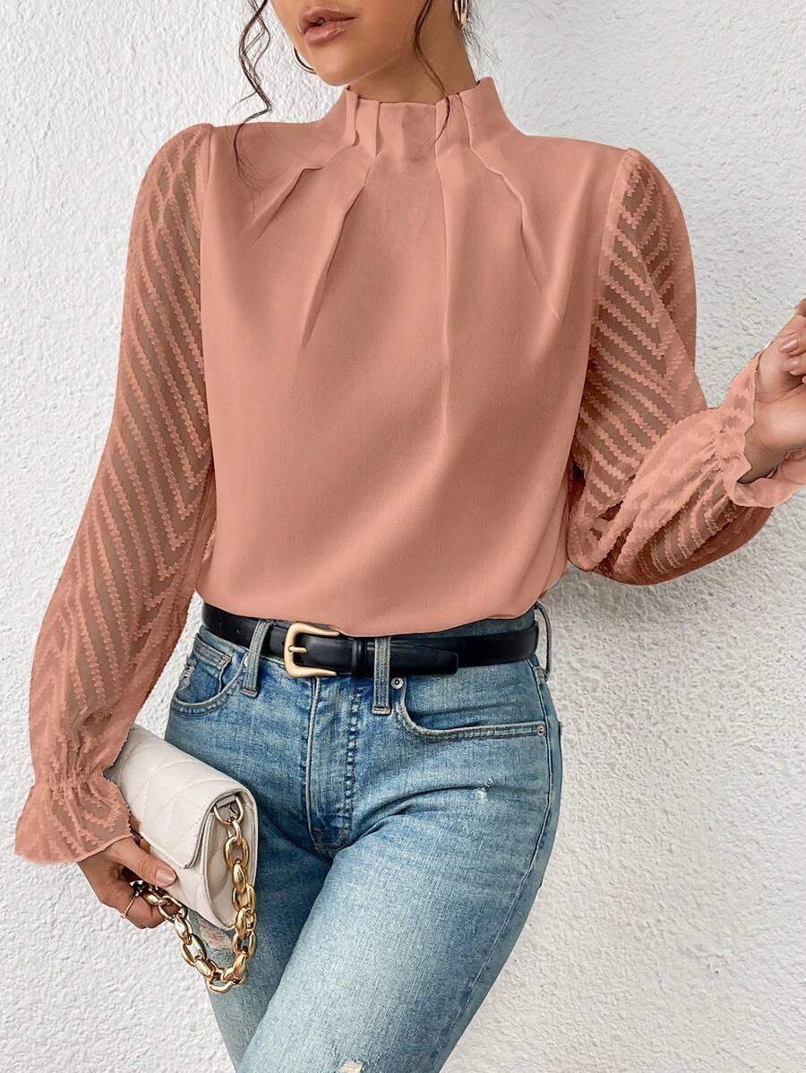 Bluse mit Stehkragen | Transparente Ärmel | Eleganter Stil