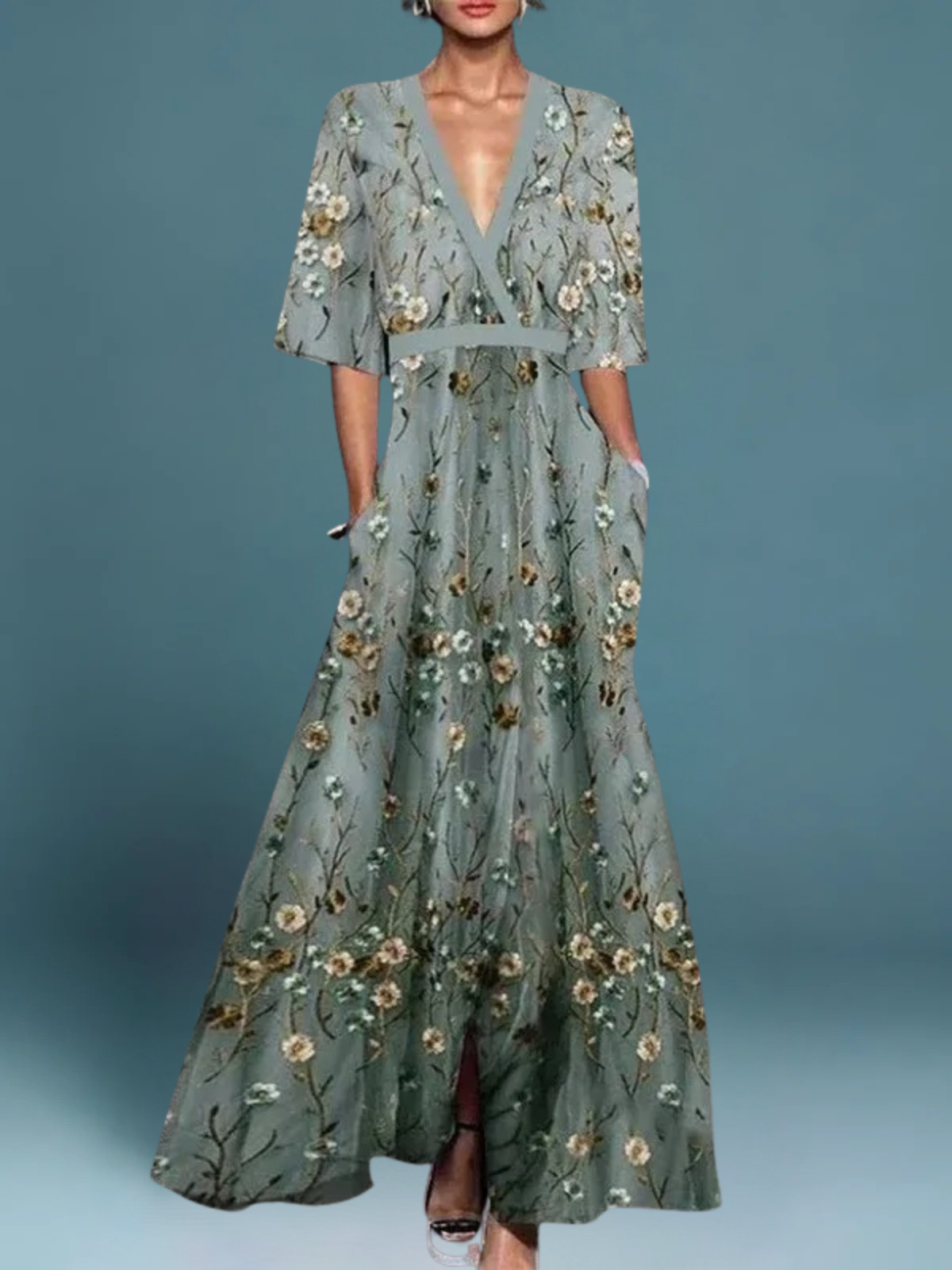 Maxikleid mit Blumenstickerei | Tiefer V-Ausschnitt | Luftig & Elegant