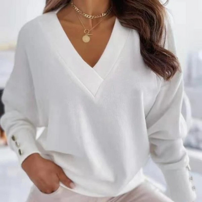 Strickpullover mit V-Ausschnitt | Goldknopf-Details | Eleganter Stil