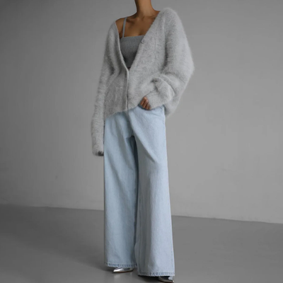 Damen Plüsch Strickjacke mit Knöpfen