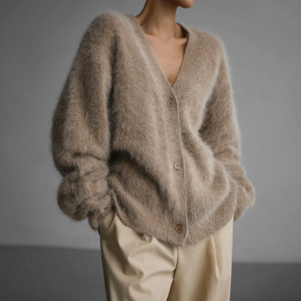 Damen Plüsch Strickjacke mit Knöpfen