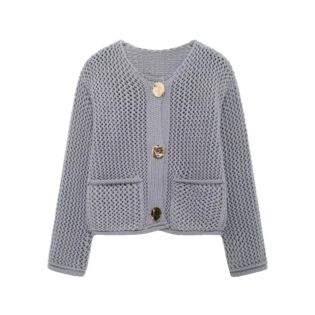 Strickjacke mit Netzstruktur | Große Zierknöpfe | Vintage-Charme