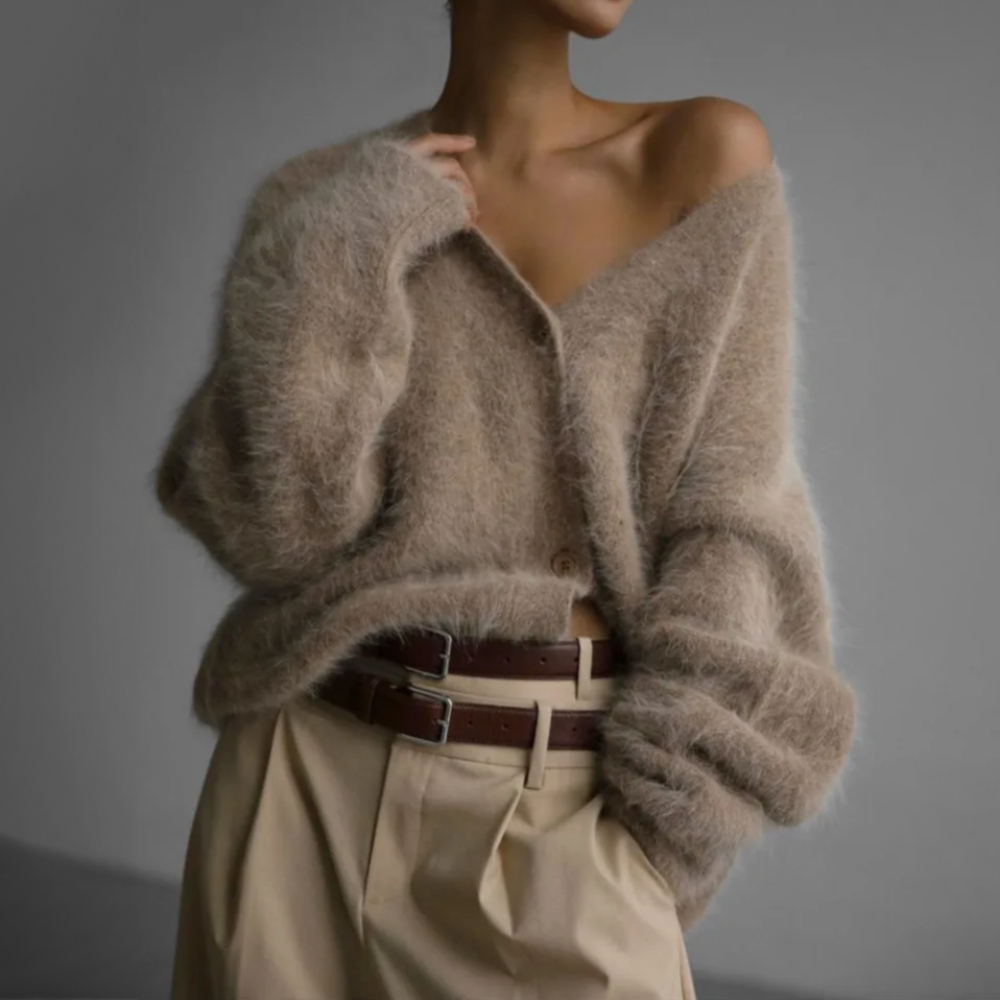 Damen Plüsch Strickjacke mit Knöpfen