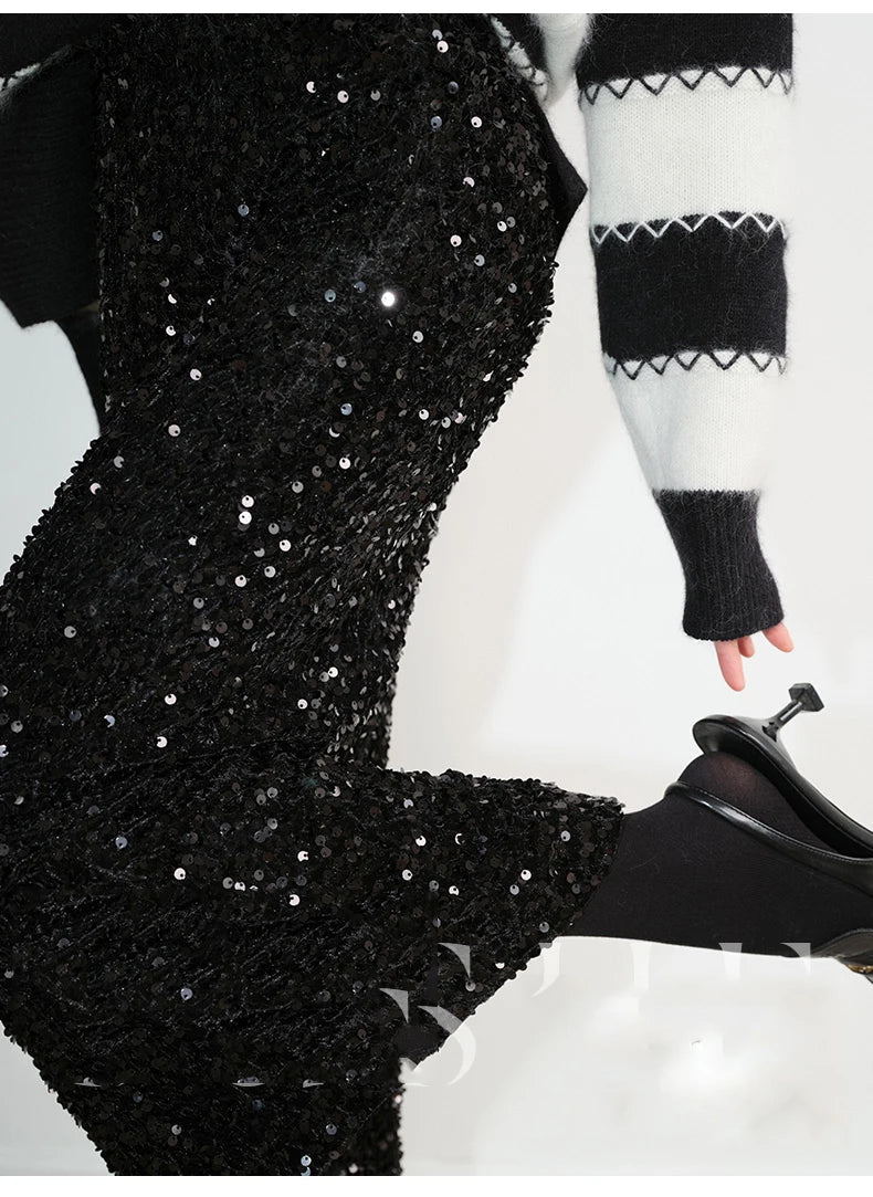 Damen Eleganter Midi-Rock mit Glitzerpailletten