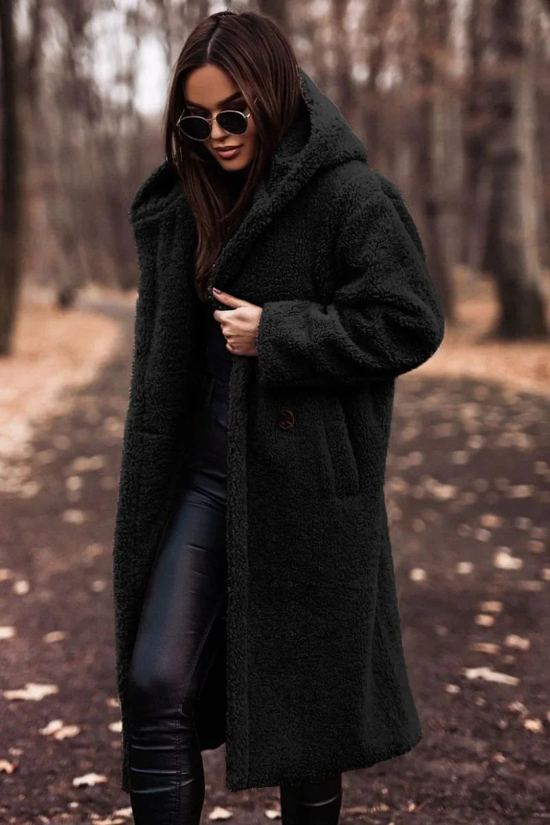 Jenny - Damen Langer Wollmantel mit Kapuze
