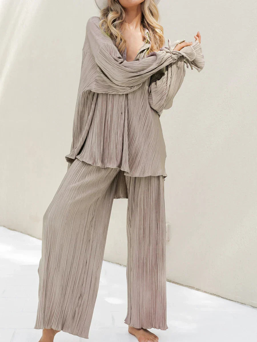 Damen Plissee Set zweiteilig | Bluse und Weite Hose für Trendige Outfits