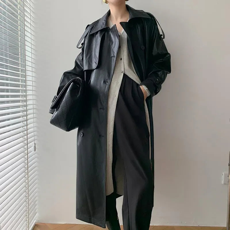 Stilvoller Langer Mantel Leder Material Mit Gürtel Für Damen | Perfekt für den Alltag