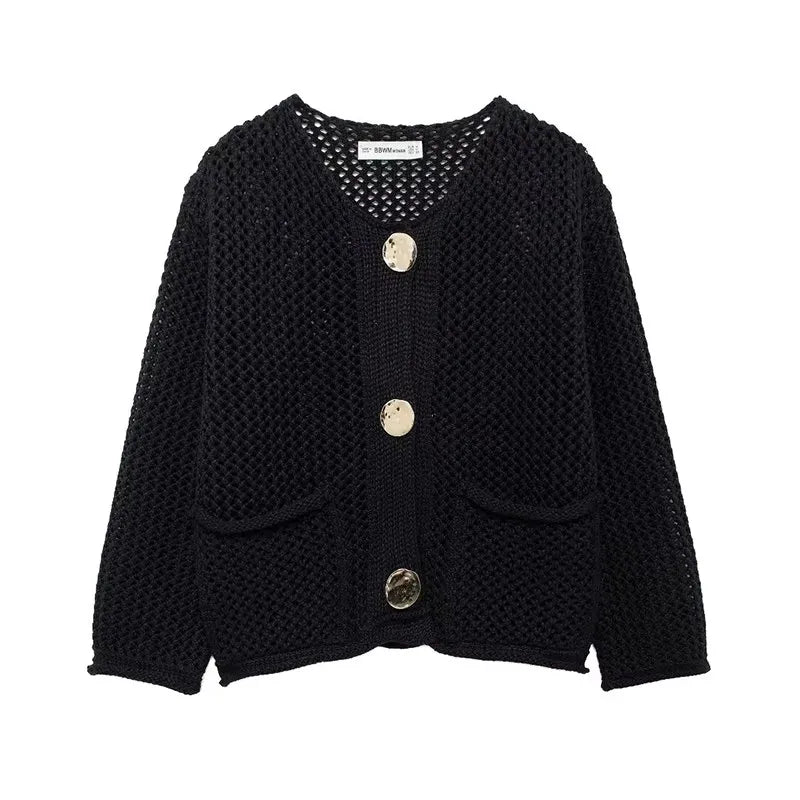 Strickjacke mit Netzstruktur | Große Zierknöpfe | Vintage-Charme