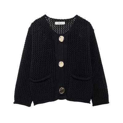 Strickjacke mit Netzstruktur | Große Zierknöpfe | Vintage-Charme