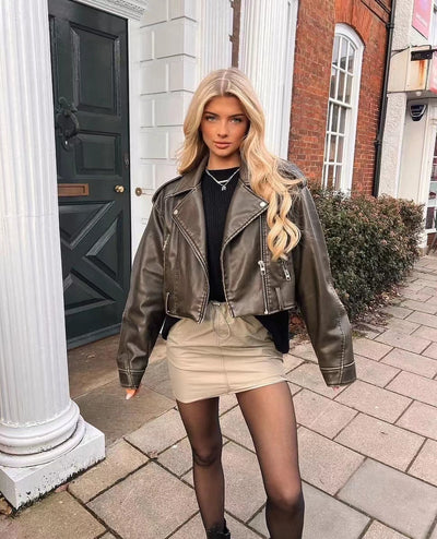 Stilvolle Taillenlinie Lederjacke Mit Reißverschlusstasche Und Gürtel Für Damen | Perfekt für Alltagskleidung