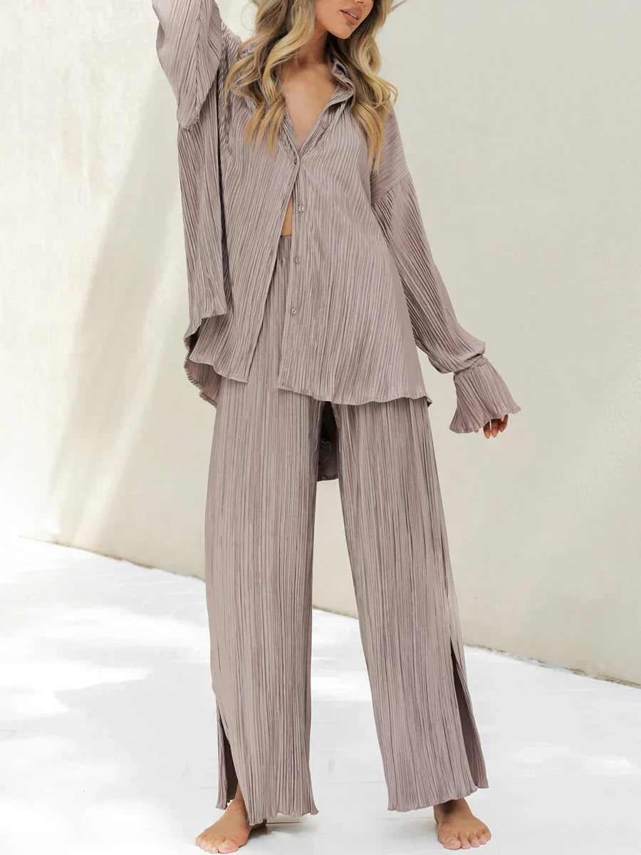 Damen Plissee Set zweiteilig | Bluse und Weite Hose für Trendige Outfits