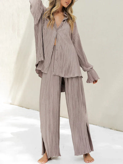 Damen Plissee Set zweiteilig | Bluse und Weite Hose für Trendige Outfits