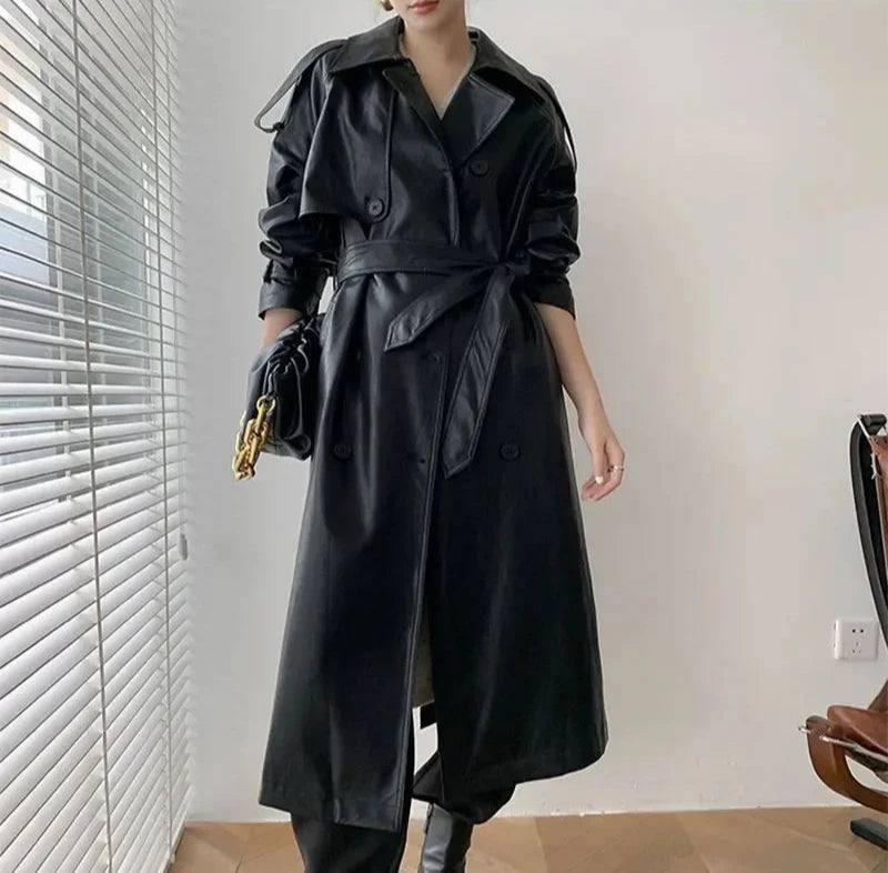 Stilvoller Langer Mantel Leder Material Mit Gürtel Für Damen | Perfekt für den Alltag