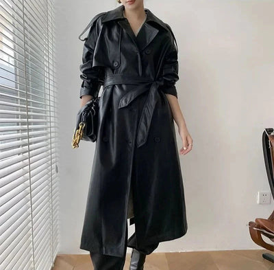 Stilvoller Langer Mantel Leder Material Mit Gürtel Für Damen | Perfekt für den Alltag