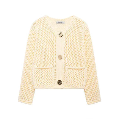 Strickjacke mit Netzstruktur | Große Zierknöpfe | Vintage-Charme