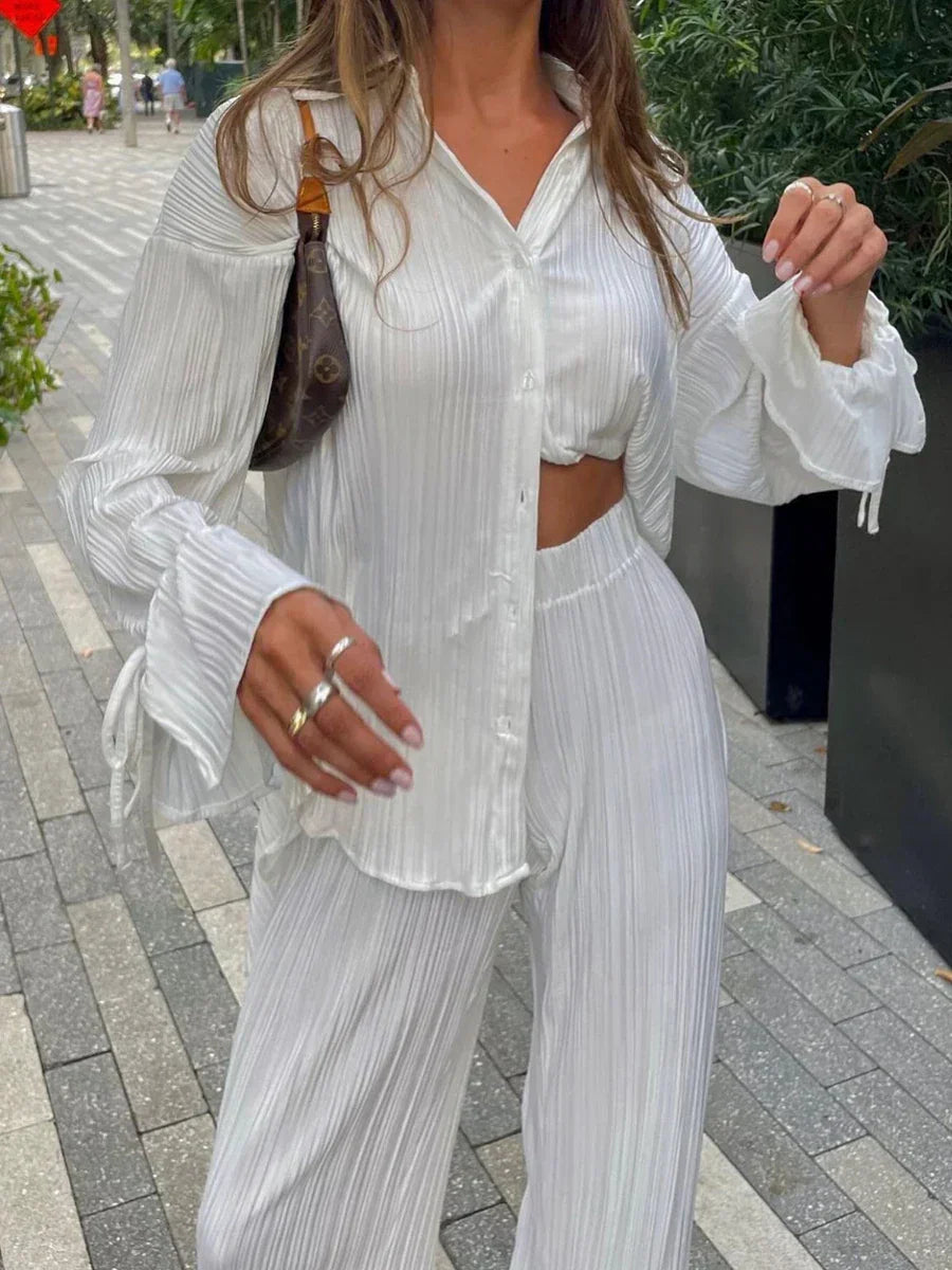 Damen Plissee Set zweiteilig | Bluse und Weite Hose für Trendige Outfits