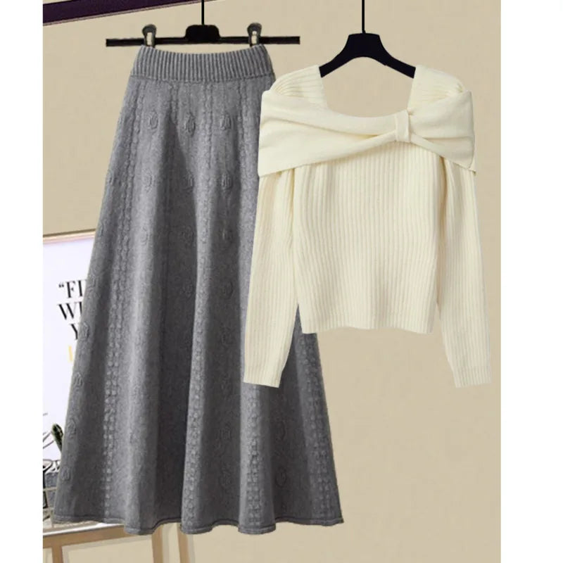 Strick-Set mit A-Linien-Rock | Schulterfreier Pullover | Femininer Chic