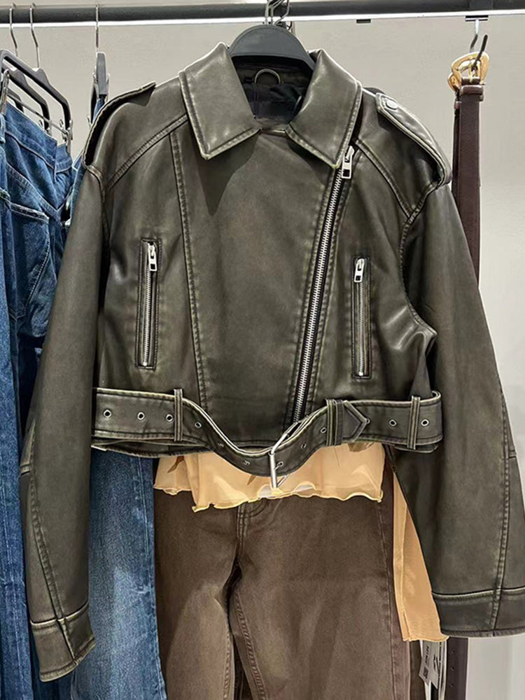 Stilvolle Taillenlinie Lederjacke Mit Reißverschlusstasche Und Gürtel Für Damen | Perfekt für Alltagskleidung