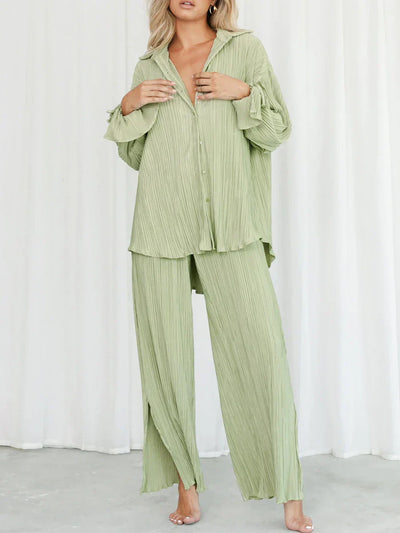 Damen Plissee Set zweiteilig | Bluse und Weite Hose für Trendige Outfits
