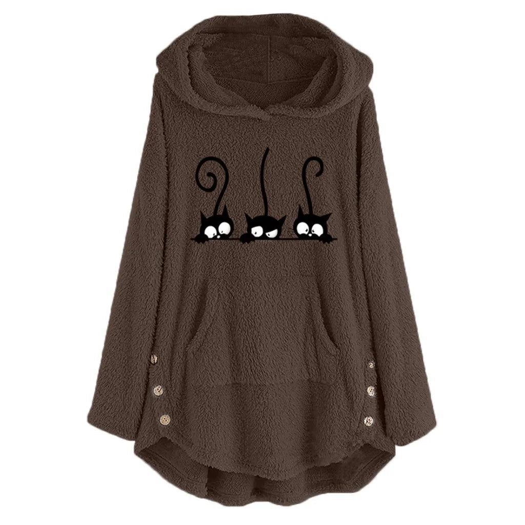 Lässiger warmer Hoodie mit Katzenstickerei und Fleece für Damen | Ideal für den Winter