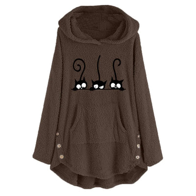 Lässiger warmer Hoodie mit Katzenstickerei und Fleece für Damen | Ideal für den Winter