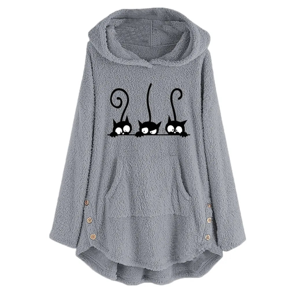 Lässiger warmer Hoodie mit Katzenstickerei und Fleece für Damen | Ideal für den Winter