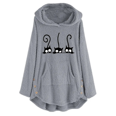 Lässiger warmer Hoodie mit Katzenstickerei und Fleece für Damen | Ideal für den Winter