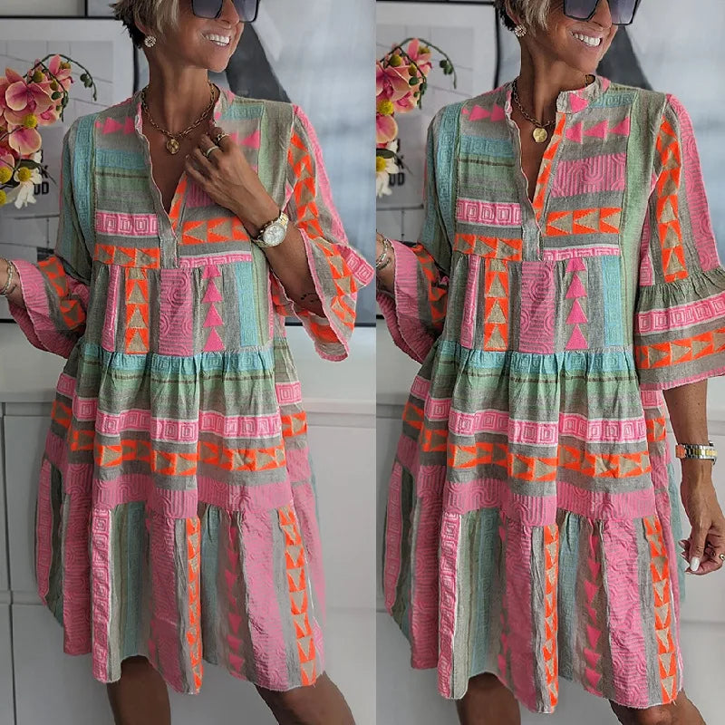 Ava - Schickes V-Ausschnitt Baumwoll-Hanf Sommerkleid