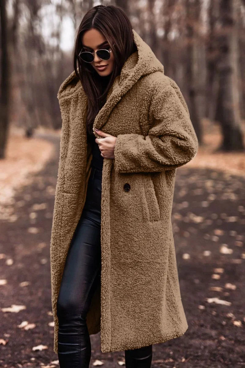 Jenny - Damen Langer Wollmantel mit Kapuze
