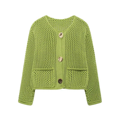 Strickjacke mit Netzstruktur | Große Zierknöpfe | Vintage-Charme