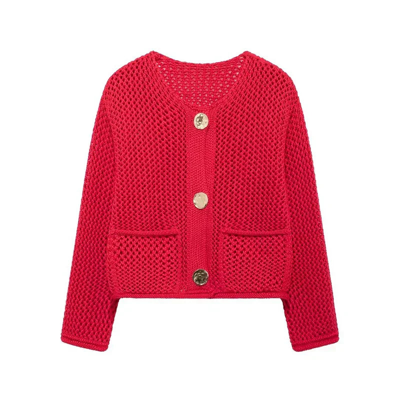 Strickjacke mit Netzstruktur | Große Zierknöpfe | Vintage-Charme