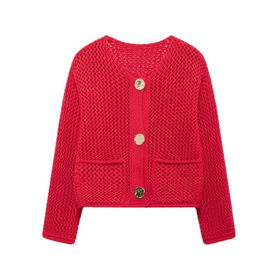 Strickjacke mit Netzstruktur | Große Zierknöpfe | Vintage-Charme