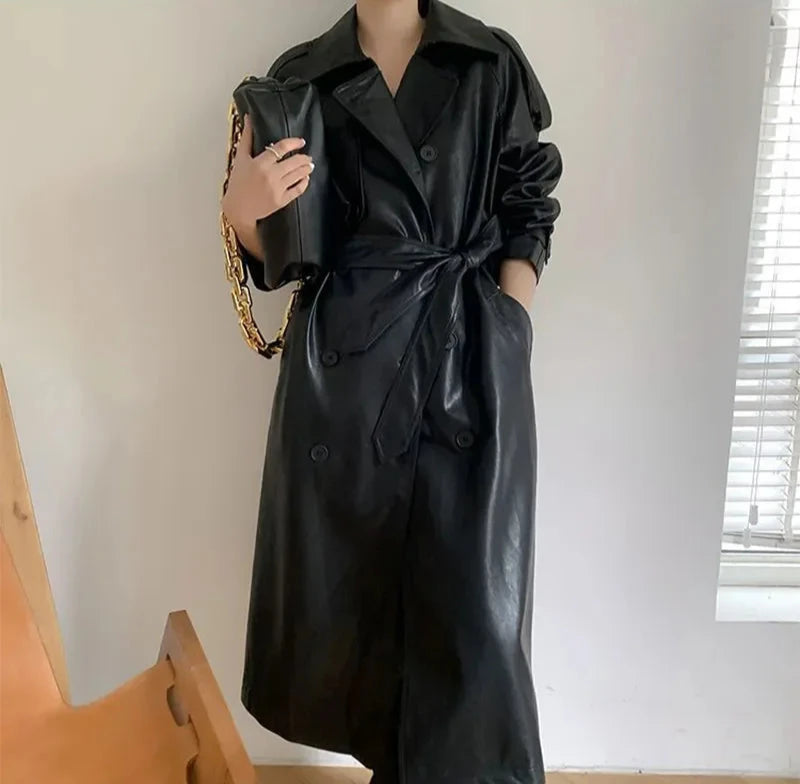 Stilvoller Langer Mantel Leder Material Mit Gürtel Für Damen | Perfekt für den Alltag