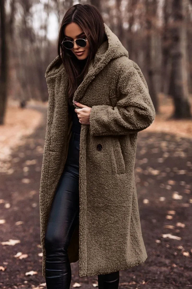 Jenny - Damen Langer Wollmantel mit Kapuze