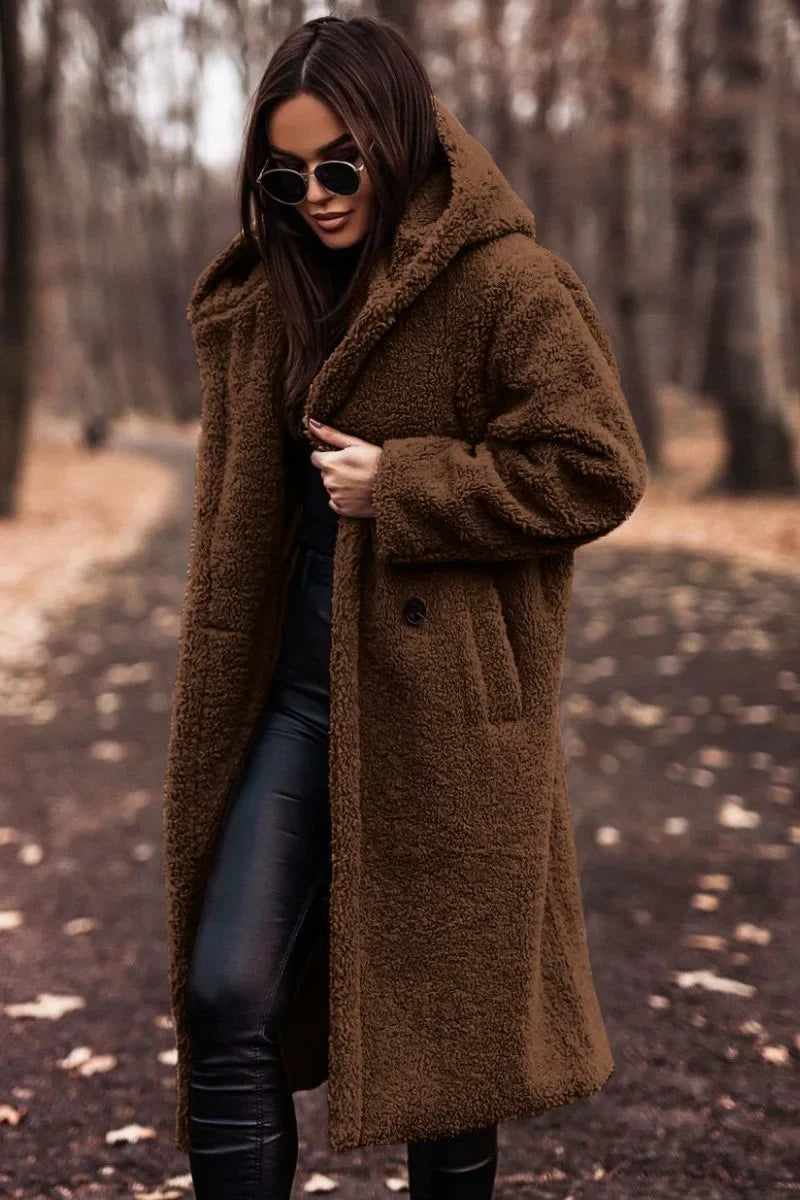 Jenny - Damen Langer Wollmantel mit Kapuze