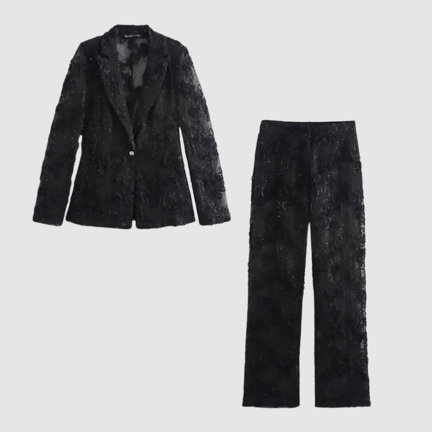 Fudus | Elegantes Set bestehend aus einer blauen Jacke und Hose mit floralem Muster