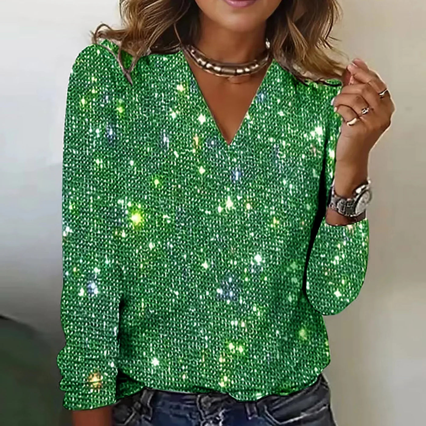 Damen Pailletten Glitzer Party Bluse Festlich