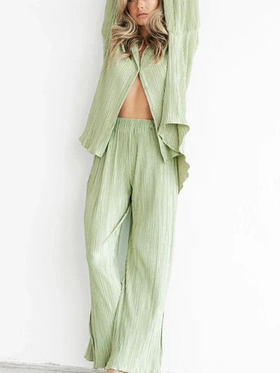 Damen Plissee Set zweiteilig | Bluse und Weite Hose für Trendige Outfits