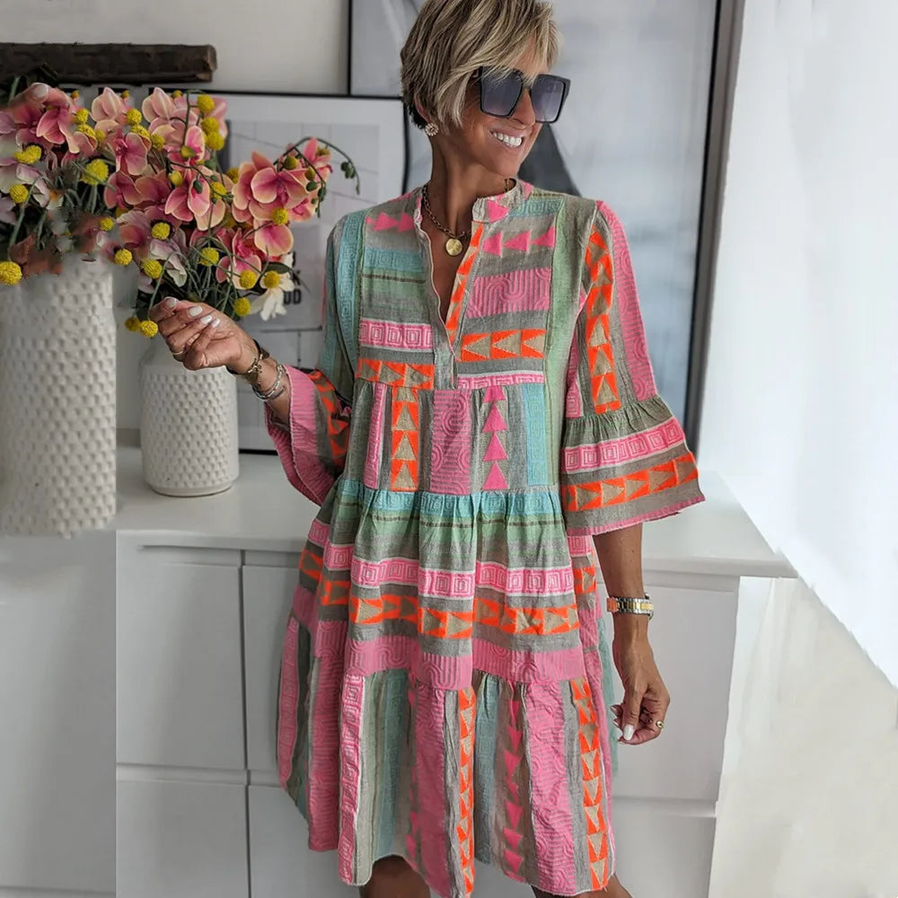Ava - Schickes V-Ausschnitt Baumwoll-Hanf Sommerkleid