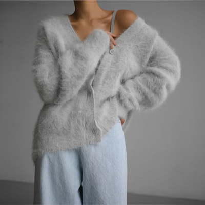 Damen Plüsch Strickjacke mit Knöpfen