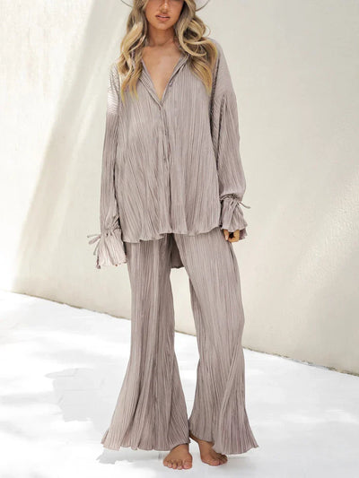 Damen Plissee Set zweiteilig | Bluse und Weite Hose für Trendige Outfits