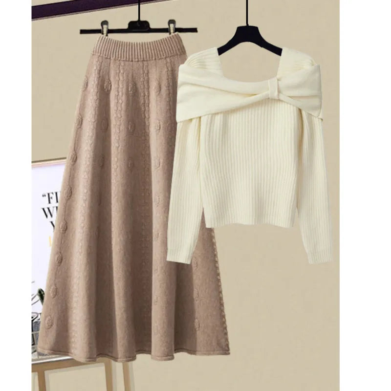 Strick-Set mit A-Linien-Rock | Schulterfreier Pullover | Femininer Chic