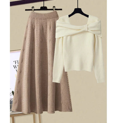 Strick-Set mit A-Linien-Rock | Schulterfreier Pullover | Femininer Chic