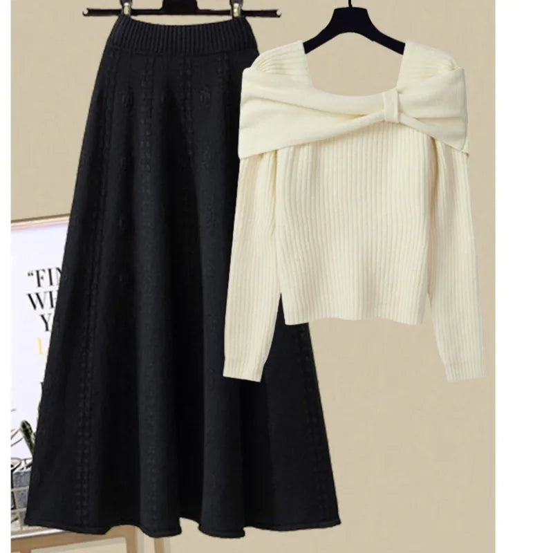 Strick-Set mit A-Linien-Rock | Schulterfreier Pullover | Femininer Chic