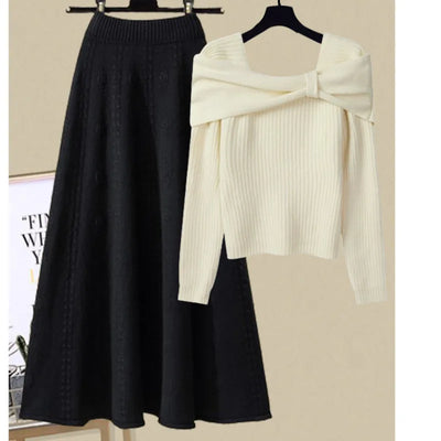 Strick-Set mit A-Linien-Rock | Schulterfreier Pullover | Femininer Chic