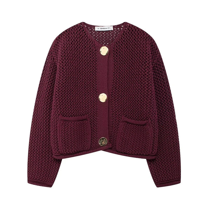 Strickjacke mit Netzstruktur | Große Zierknöpfe | Vintage-Charme